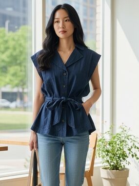 Banana Republic Navy Sleeveless Button-Front Tie-Waist Top